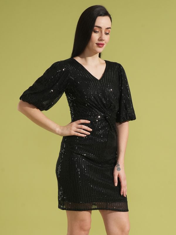 Globus Women Black Puff Sleeves V-Neck Twisted Detail Bodycon Sequinned Mini Party Dress