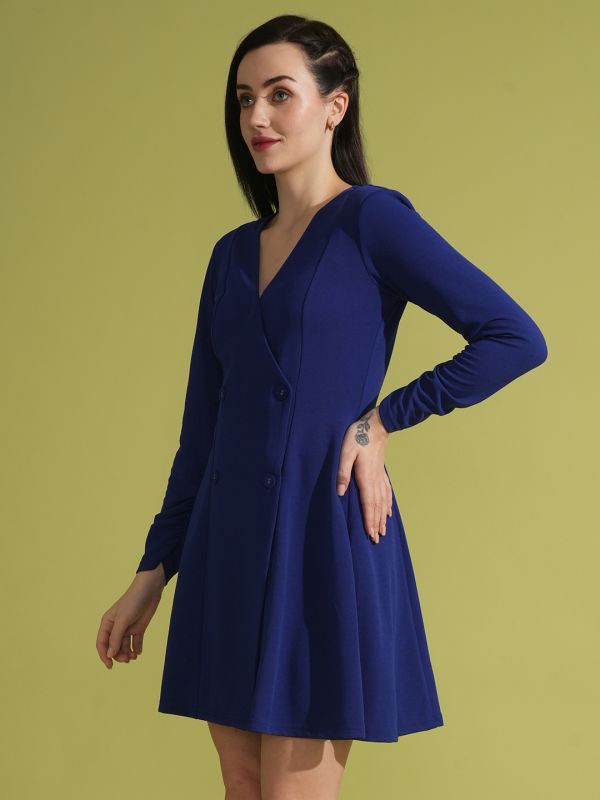 Globus Women Blue Ruched Sleeves V-Neck Hong Button Flared Mini Wrap Party Dress