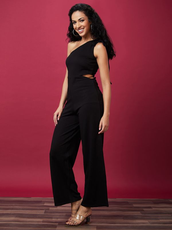 Globus Women Black Solid One Shoulder Waist Cut Out Jumpsuit