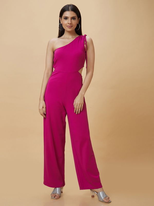 Globus Women Pink Solid One Shoulder Waist Cut Out Ruched Shoulder Tie Up Party Jumpsuit