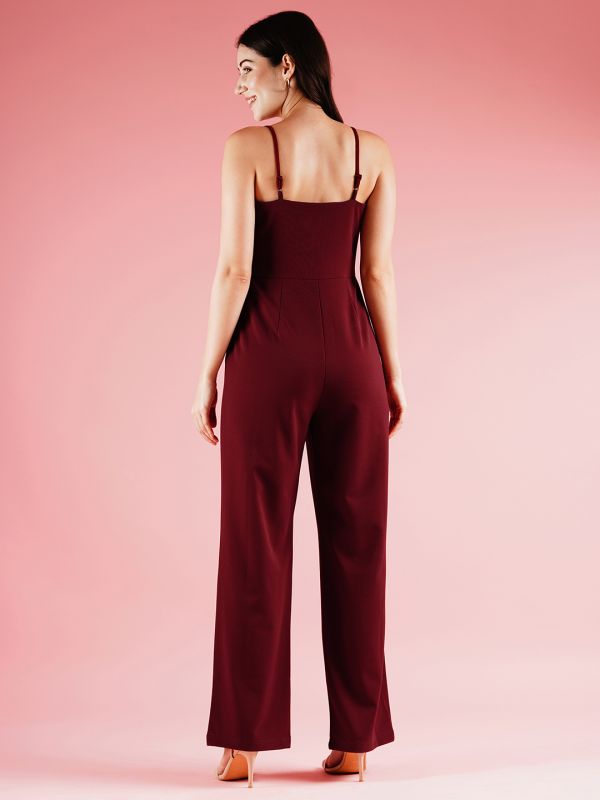 Globus Women Maroon Sweetheart Neck Adjustable Strappy Shoulder Long Party Jumpsuit