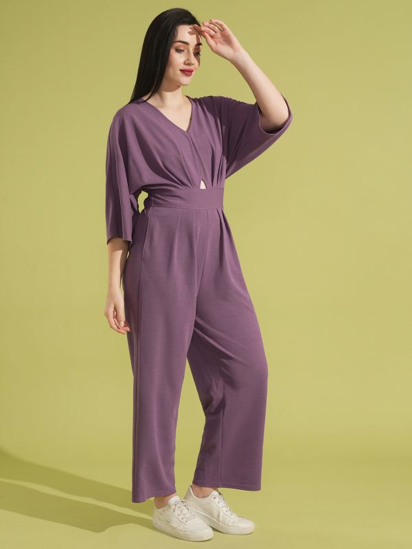 Globus Women Mauve Solid V-Neck Batwing Sleeves Cut-Out Pleated Waist Smocked Jumpsuit