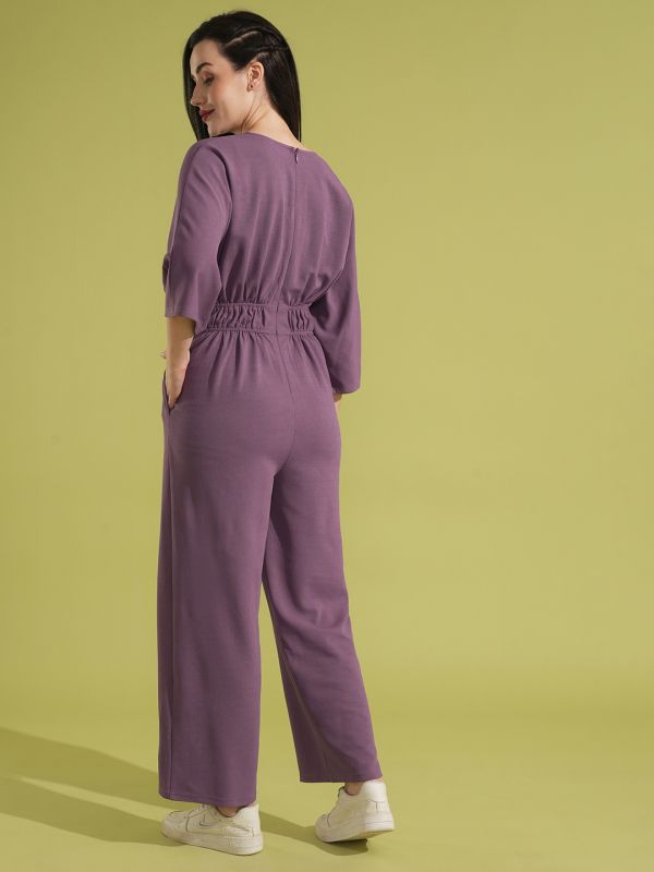 Globus Women Mauve Solid V-Neck Batwing Sleeves Cut-Out Pleated Waist Smocked Jumpsuit