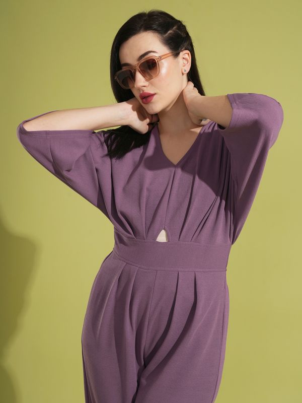 Globus Women Mauve Solid V-Neck Batwing Sleeves Cut-Out Pleated Waist Smocked Jumpsuit