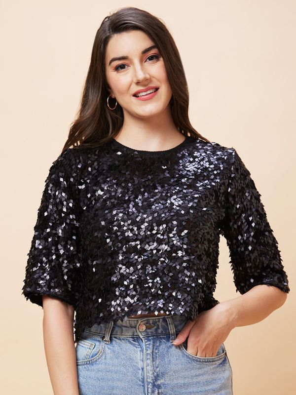 Globus Women Black Embellished Round Neck Party Top