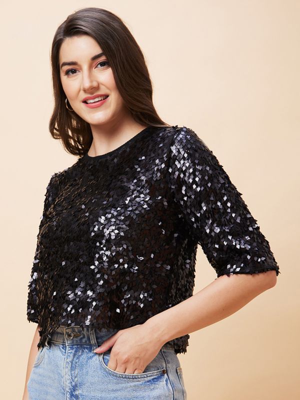 Globus Women Black Embellished Round Neck Party Top