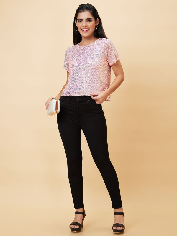 Globus Women Pink Sequinned Embellished Party Crop Top