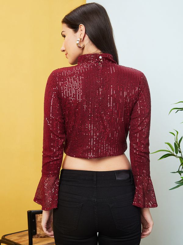 Globus Women Maroon High Neck Bell Sleeve Sequinned Party Crop Top