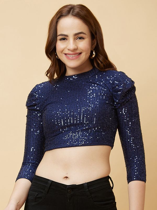 Globus Women Blue Crew Neck Puff Sleeves Sequinned Fitted Party Crop Top