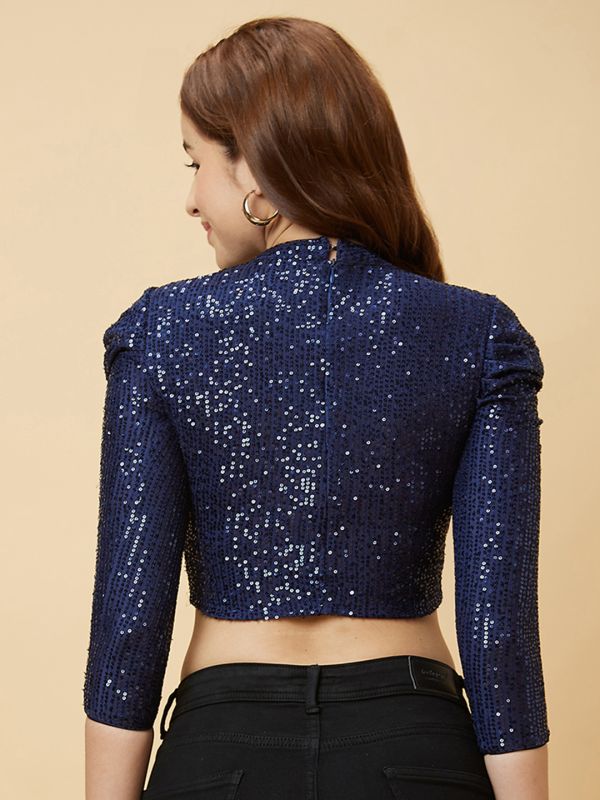 Globus Women Blue Crew Neck Puff Sleeves Sequinned Fitted Party Crop Top