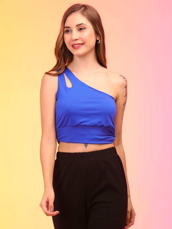 Globus Women Blue Single Shoulder Party Crop Top