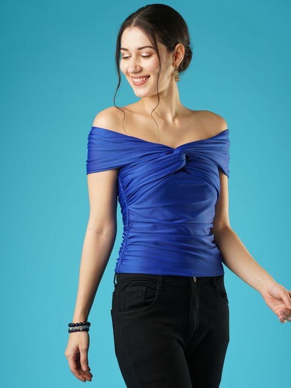 Globus Women Solid Blue Off-Shoulder Twisted Neck Party Top