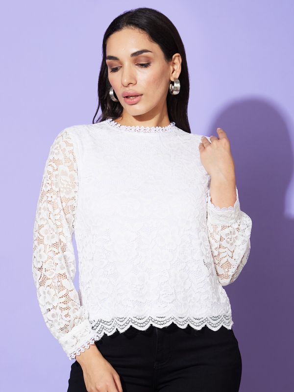 Globus Women White High Neck Long Sleeves Floral Lace Party Top