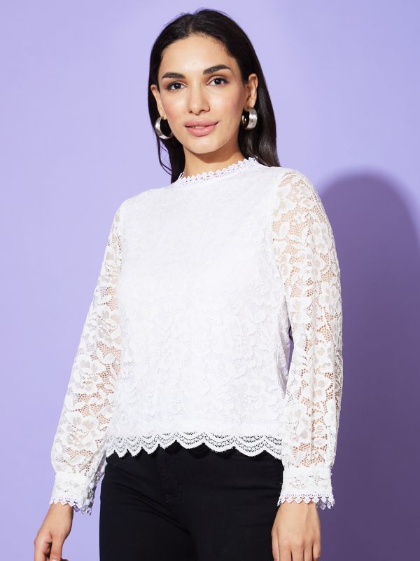 Globus Women White High Neck Long Sleeves Floral Lace Party Top