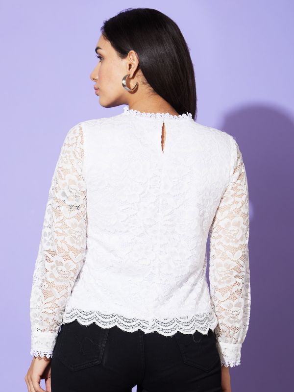 Globus Women White High Neck Long Sleeves Floral Lace Party Top