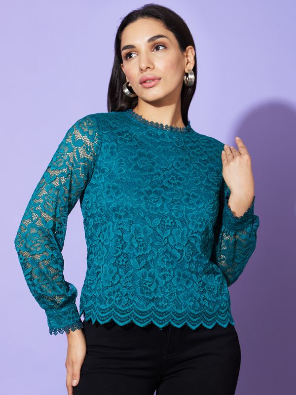 Globus Women Bottle Green High Neck Long Sleeves Floral Lace Party Top