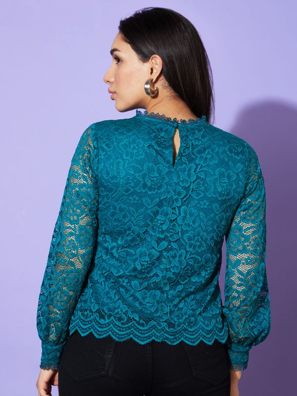 Globus Women Bottle Green High Neck Long Sleeves Floral Lace Party Top