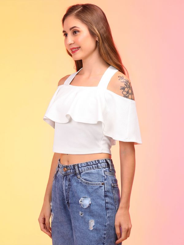 Globus Women White Off Shoulder Bardot Crop Top