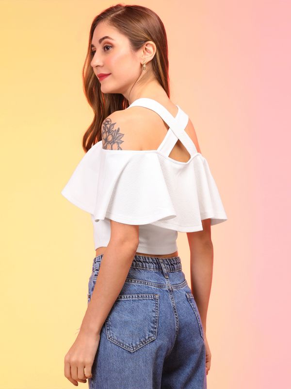 Globus Women White Off Shoulder Bardot Crop Top