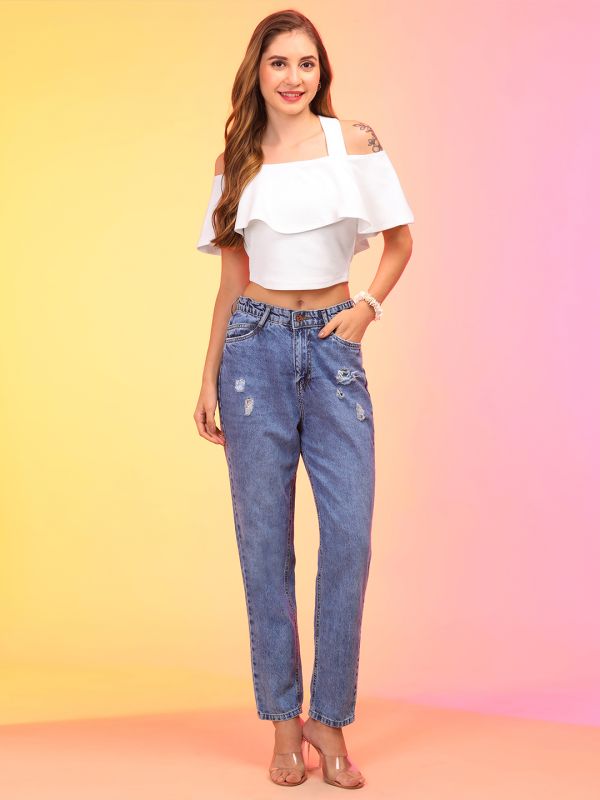 Globus Women White Off Shoulder Bardot Crop Top