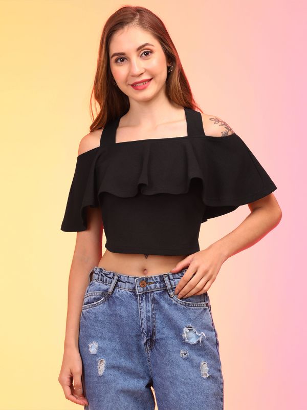 Globus Women Black Off Shoulder Bardot Crop Top