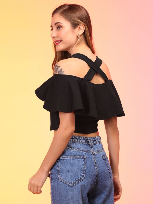 Globus Women Black Off Shoulder Bardot Crop Top