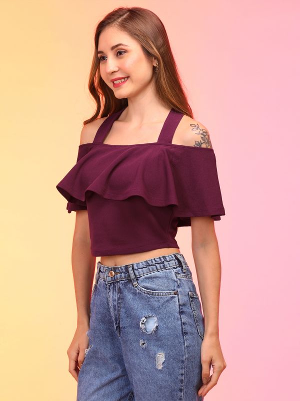 Globus Women Wine Off Shoulder Bardot Crop Top