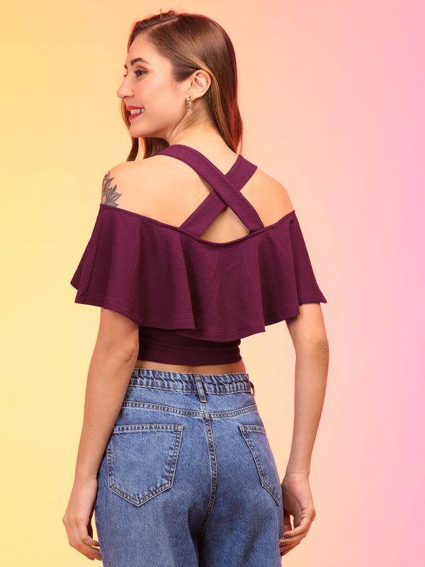 Globus Women Wine Off Shoulder Bardot Crop Top