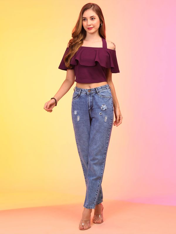 Globus Women Wine Off Shoulder Bardot Crop Top