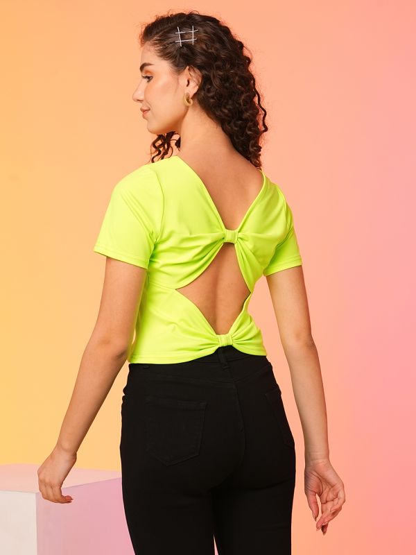 Globus Women Neon Green Bow Detail Styled Back Party Top