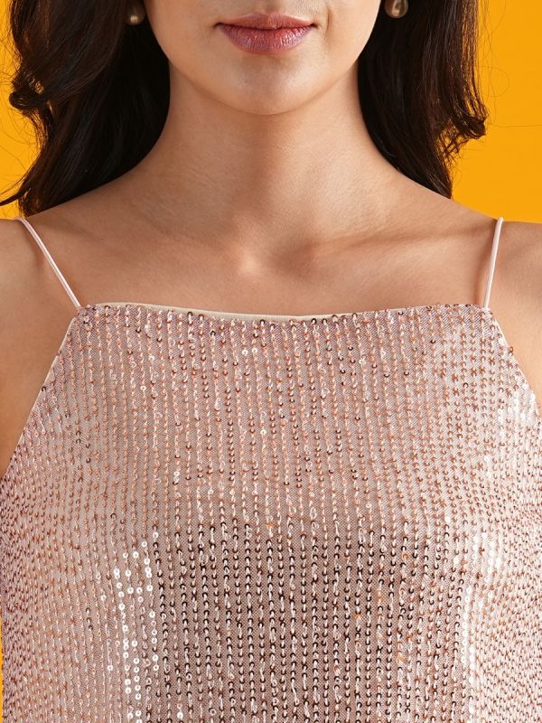 Globus Women Rose Gold Embellished Square Neck Strappy Sequinned Party Top