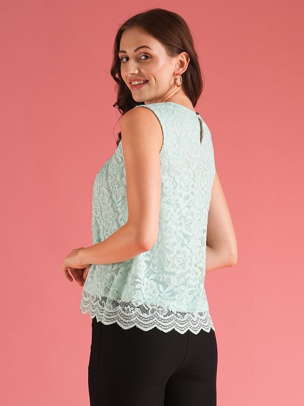 Globus Women Mint Green Pleated Floral Design Lace Party Top