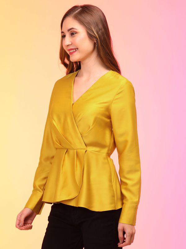 Globus Women Yellow Wrap Neck Cuffed Sleeves Pleated Satin Workwear Top