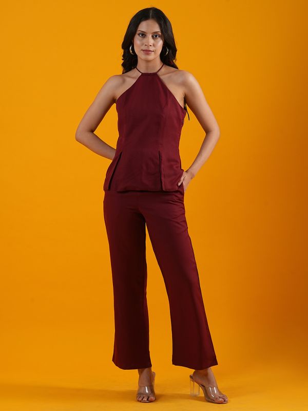 Globus Women Maroon Halter Neck Front Slits Moss Crepe Workwear Top With Trousers Co-Ord Set