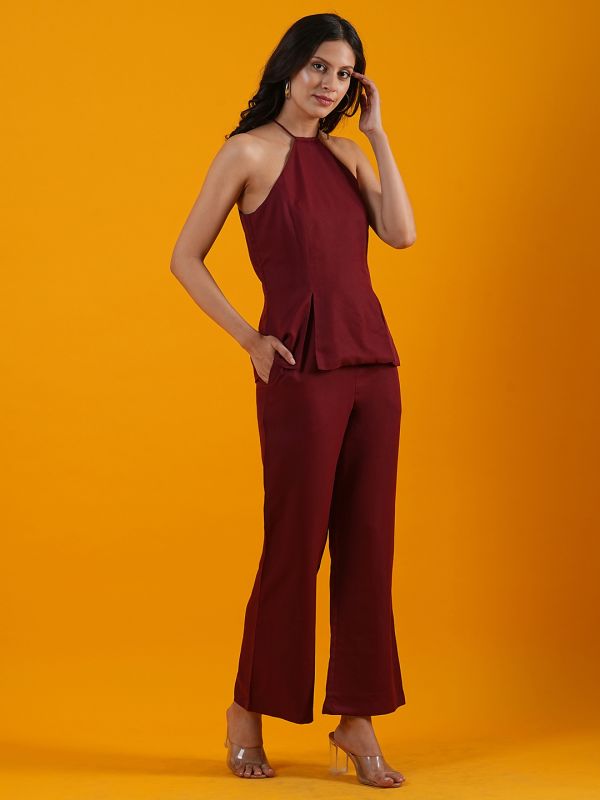 Globus Women Maroon Halter Neck Front Slits Moss Crepe Workwear Top With Trousers Co-Ord Set