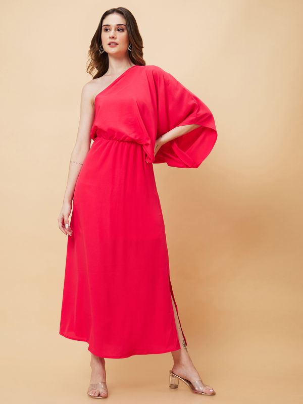 Globus Women Pink Solid One Shoulder Oversized Fit and Flare Maxi Dress