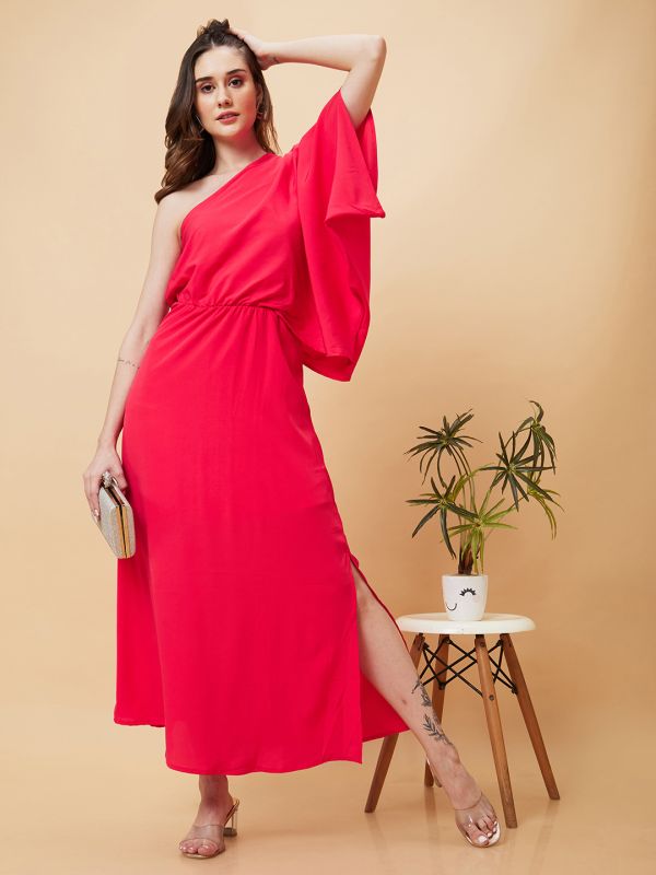 Globus Women Pink Solid One Shoulder Oversized Fit and Flare Maxi Dress