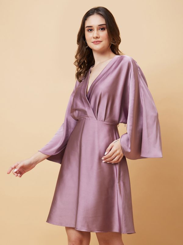 Globus Women Mauve Wrap Neck Flared Sleeves A-Line Party Dress