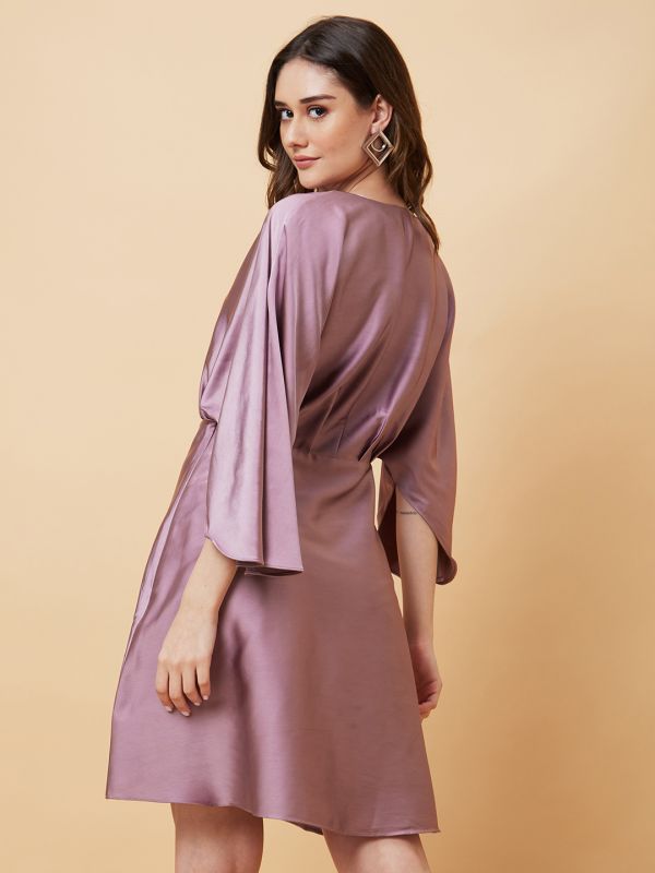 Globus Women Mauve Wrap Neck Flared Sleeves A-Line Party Dress