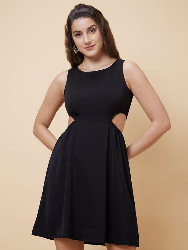 Globus Women Black Solid Round Neck Fit And Flare Party Dress with Waist Cut-Out Detail