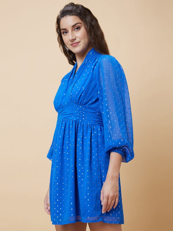 Globus Women Blue Self Design V-Neck Party Fit And Flare Dress