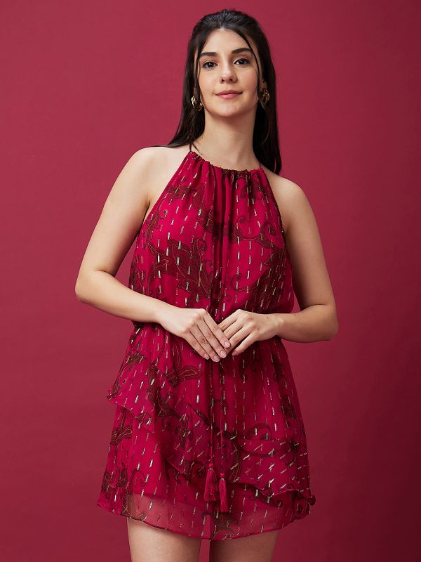 Globus Women Pink Halter Neck Ethnic Print Waist Tie-Ups A-Line Mini Party Dress