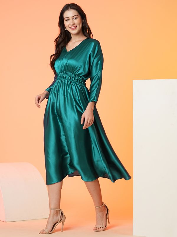 Globus Women Green Smocked Waist Flared A-Line Midi Party Dress