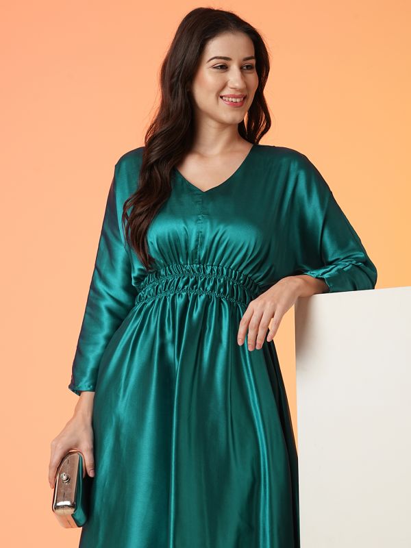 Globus Women Green Smocked Waist Flared A-Line Midi Party Dress