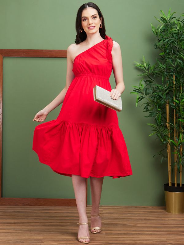 Globus Women Red One Shoulder Tie-Up Fit & Flare Midi Party Dress