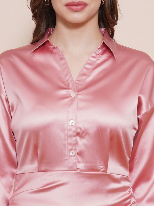 Globus Women Pink Satin Shirt Collar Bell Sleeves Ruched Tulip Hem Mini Bodycon Party Dress