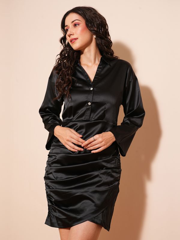 Globus Women Black V-Neck Flared Sleeves Shirt Style Pleated Satin Mini Party Dress