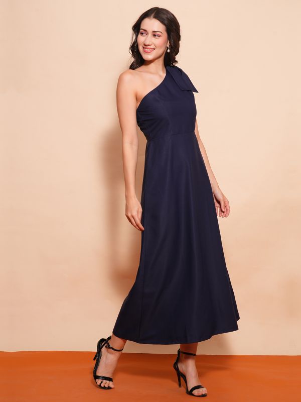 Globus Women Navy Blue One Shoulder Bow Detail A-Line Maxi Party Dress