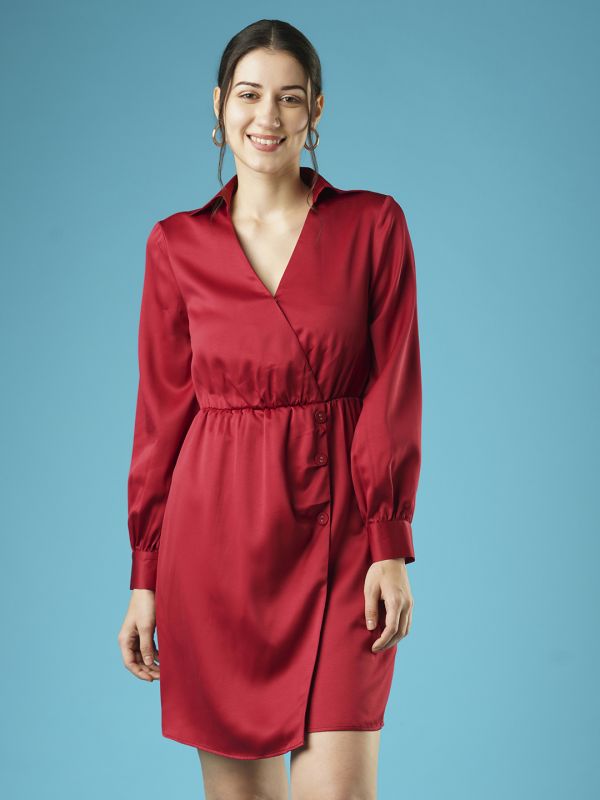 Globus Women Maroon Shirt Collar With V Cut Cuffed Sleeves Gathered & Button Detail Workwear Wrap Dress