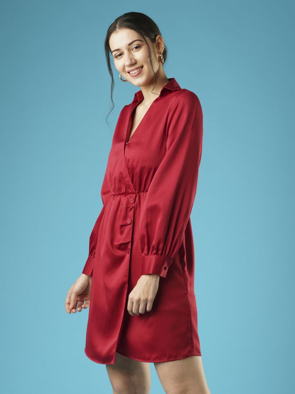 Globus Women Maroon Shirt Collar With V Cut Cuffed Sleeves Gathered & Button Detail Workwear Wrap Dress